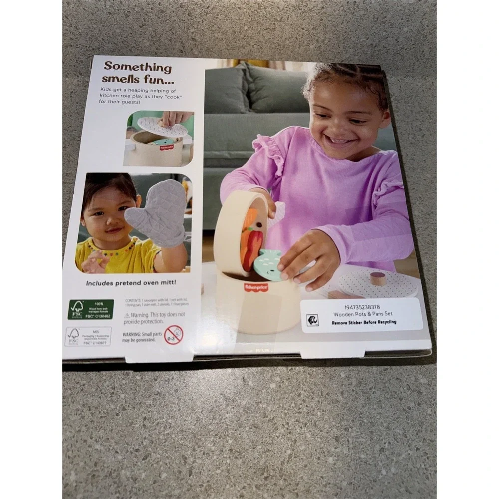 Fisher Price WOODEN POTS & PANS 19 Piece Set Development Toy  FSC Ages 3 +